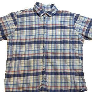 Peter Millar Mens Plaid Short Sleeve Button Up Shirt Blue Red Cream Size L